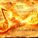 Spartito musicale antico avvolto dalle fiamme con note ardenti e la scritta Scontro Violento, simbolo del Tritonus o intervallo del diavolo proibito dalla Chiesa medievale