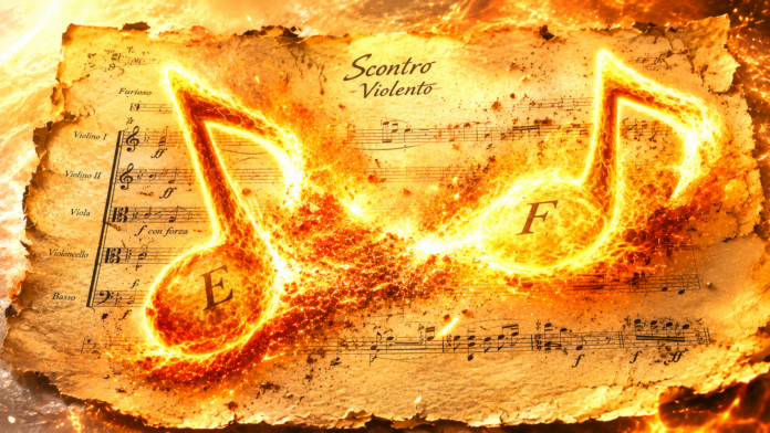 Spartito musicale antico avvolto dalle fiamme con note ardenti e la scritta Scontro Violento, simbolo del Tritonus o intervallo del diavolo proibito dalla Chiesa medievale