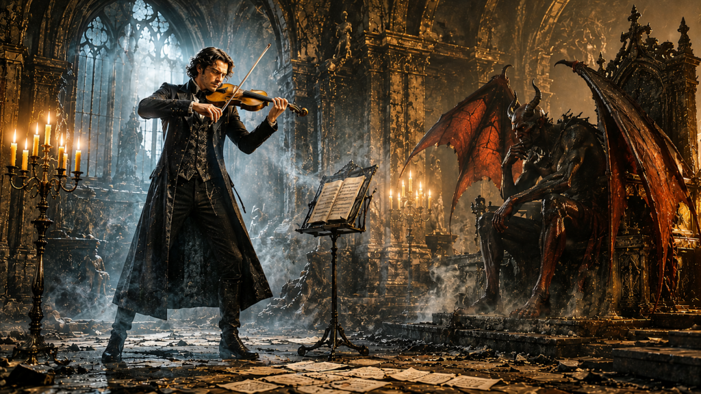 Violinista in abiti eleganti suona in una cattedrale gotica illuminata da candele, davanti a un demone alato seduto su un trono