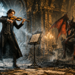Violinist in a dark Victorian coat plays in a ruined gothic cathedral while a horned demon sits on a throne nearby.