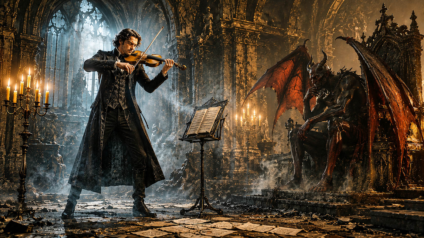 Violinist in a dark Victorian coat plays in a ruined gothic cathedral while a horned demon sits on a throne nearby.