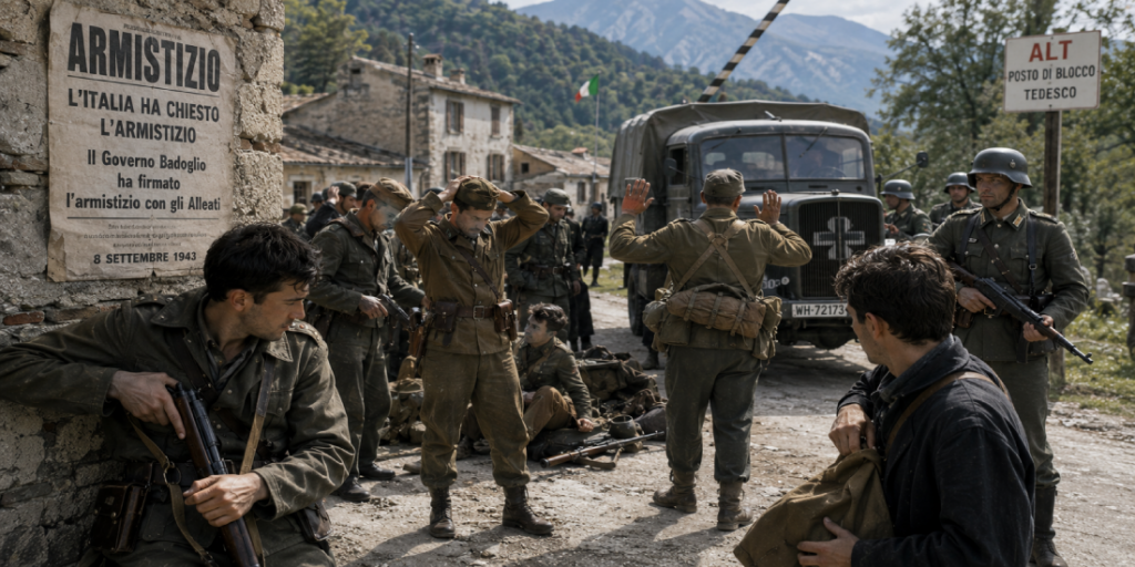 Soldati italiani catturati da truppe tedesche a un posto di blocco il giorno dell'armistizio dell'8 settembre 1943, con un manifesto del Governo Badoglio affisso sul muro