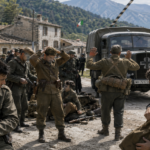 World War II Italian soldiers in olive uniforms in a mountain village, some loading gear, a truck in the background near a stone wall plaque about the 1943 Armistice