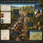 Infographic poster about the Battle of Teutoburg with Roman and Germanic forces marching through a forest, map and panels highlighting key events.