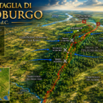 Mappa storica della Battaglia di Teutoburgo (9 d.C.) con campi romani, movimenti delle truppe e principali scontri lungo un’area boscosamente accidentata.