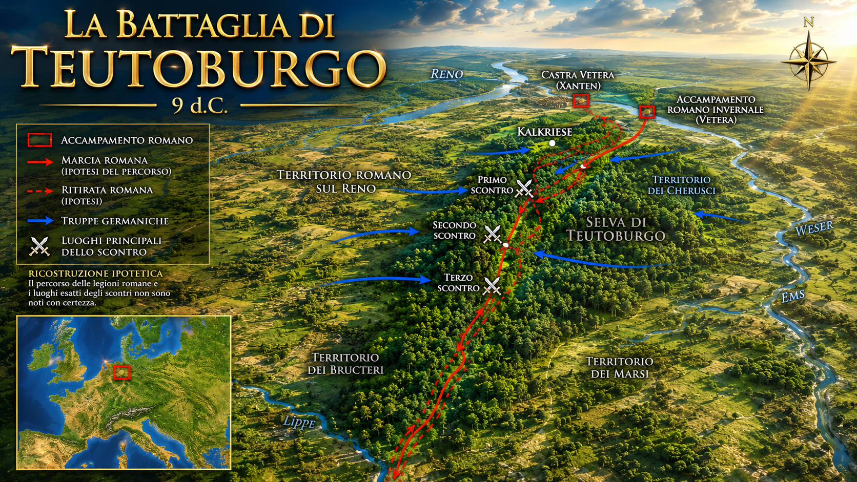 Mappa storica della Battaglia di Teutoburgo (9 d.C.) con campi romani, movimenti delle truppe e principali scontri lungo un’area boscosamente accidentata.