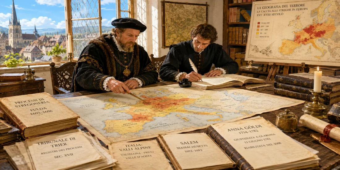La geografia del terrore - Scripta Manent Italia Mappa della distribuzione geografica dei processi per stregoneria in Europa nei secoli XVI–XVIII, con i casi di Fulda, Trier, Salem e Anna Göldi