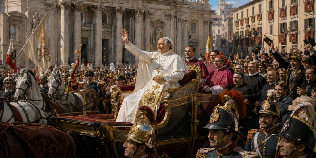 Papa Pio VII sulla carrozza papale acclamato dalla folla al rientro trionfale a Roma nel 1814 dopo la caduta di Napoleone