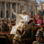 Pope Francis sits in an ornate gilded carriage, waving to a cheering crowd during a papal procession in Rome.