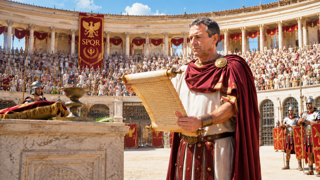 Larena non era quello che pensiamo - Scripta Manent Italia Magistrato romano in toga e mantello porpora legge un rotolo di papiro nell'arena del Colosseo davanti alla folla
