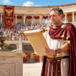 Roman official in white tunic and burgundy cloak reads a scroll before a cheering crowd in an ancient amphitheater with SPQR banners nearby.