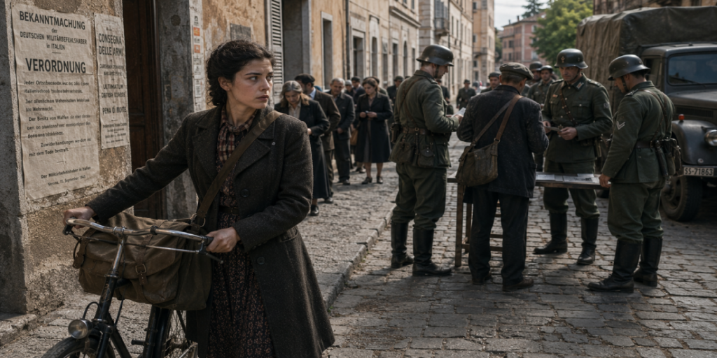 Giovane donna italiana con bicicletta in una strada cittadina sorvegliata da soldati tedeschi durante l'occupazione nazista, con manifesti della Verordnung affissi al muro