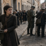 Woman with a bicycle stands on a cobblestone street, a tense crowd and soldiers in helmets gathering nearby.