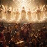 Chorus of white-robed angels singing on a cloud-like balcony above a hellish lineup of demons playing instruments in a dim ornate hall.