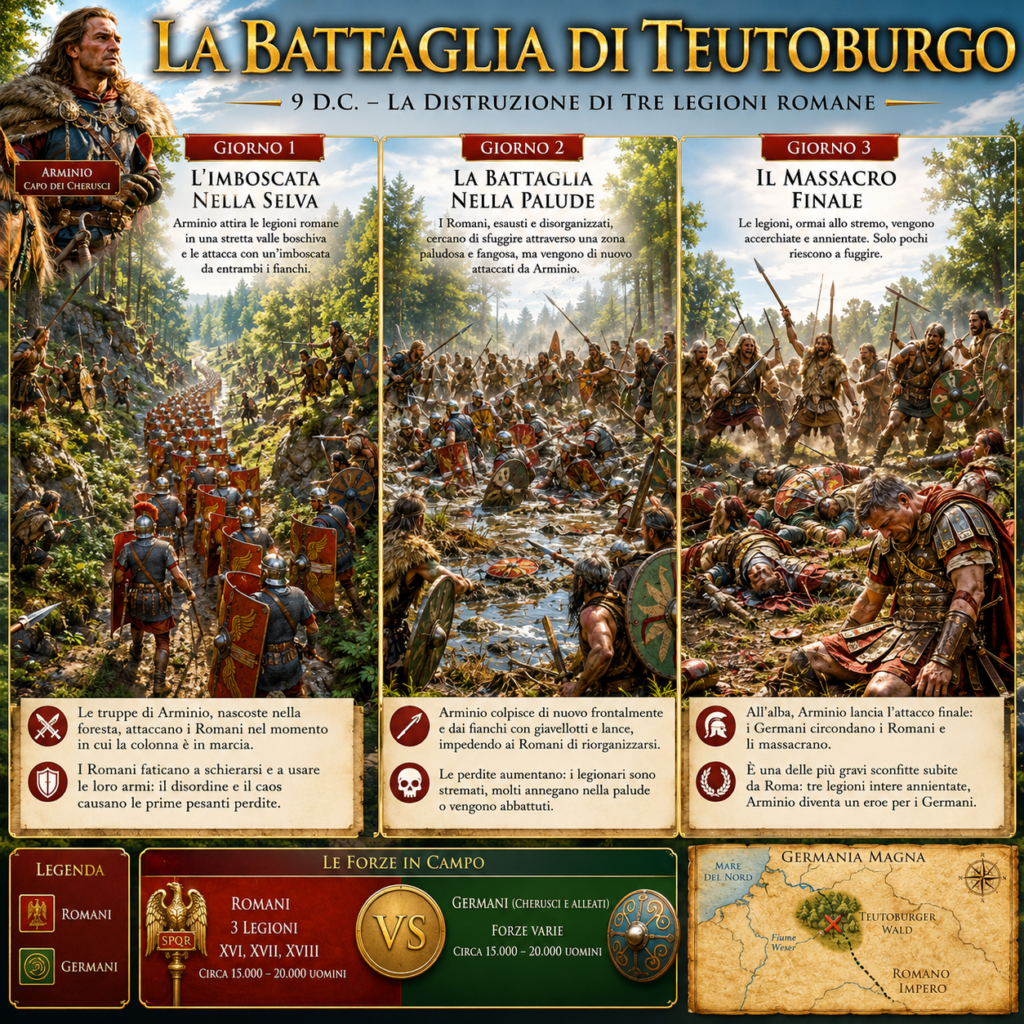 Mappa della battaglia di Teutoburgo - Scripta Manent Italia Mappa illustrata della battaglia di Teutoburgo in tre giorni, con imboscata dei Germani, distruzione delle legioni romane e posizione dei due eserciti