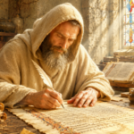 Bearded monk in a hooded robe writes with a feather quill on an ancient parchment by candlelight in a stone chamber.