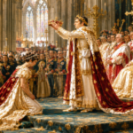 King or emperor crowns a kneeling royal bride at a grand ceremonial coronation amid richly dressed court nobles in a cathedral hall.