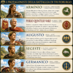 Infographic panel: key figures of the Teutoburg battle with portraits and brief descriptions (Arminio, Varo, Augusto, Segeste, Germanico).
