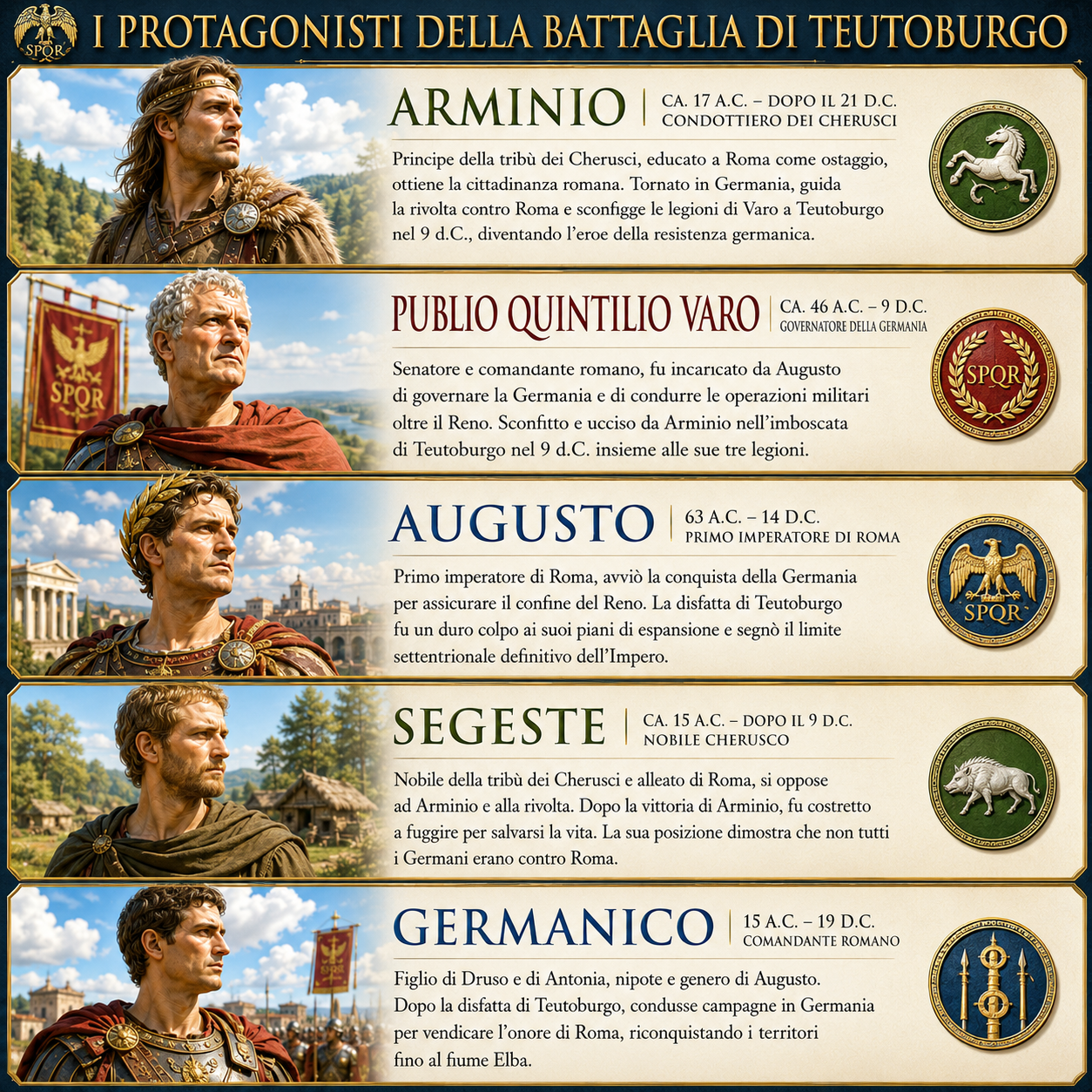 Infographic panel: key figures of the Teutoburg battle with portraits and brief descriptions (Arminio, Varo, Augusto, Segeste, Germanico).