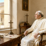 Pope seated in an ornate room at a wooden desk with crosses and books, while a soldier in historical uniform stands by the door outside a sunlit courtyard.