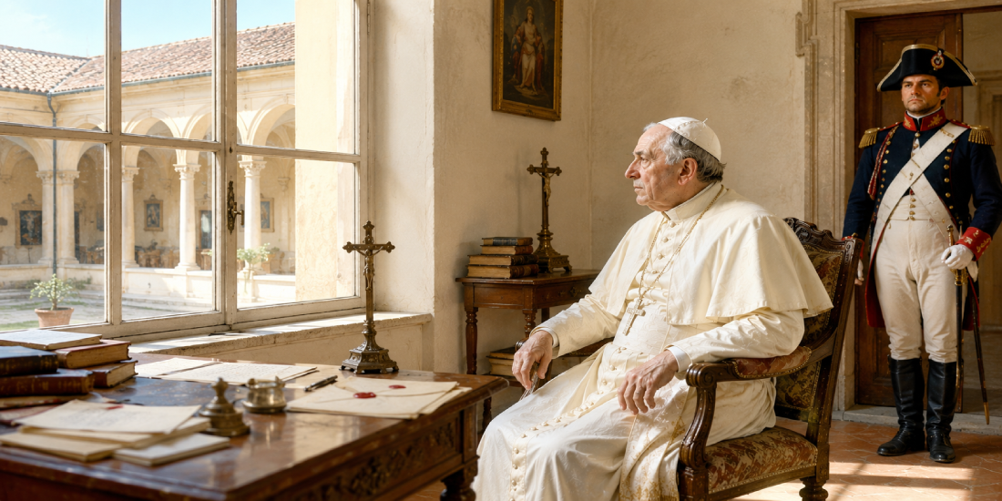 Papa Pio VII seduto e sorvegliato da un ufficiale napoleonico, scena della prigionia a Savona o Fontainebleau