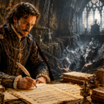 Man in an ornate velvet robe and chains writes with a quill at a candlelit desk in a lavish gothic chamber.