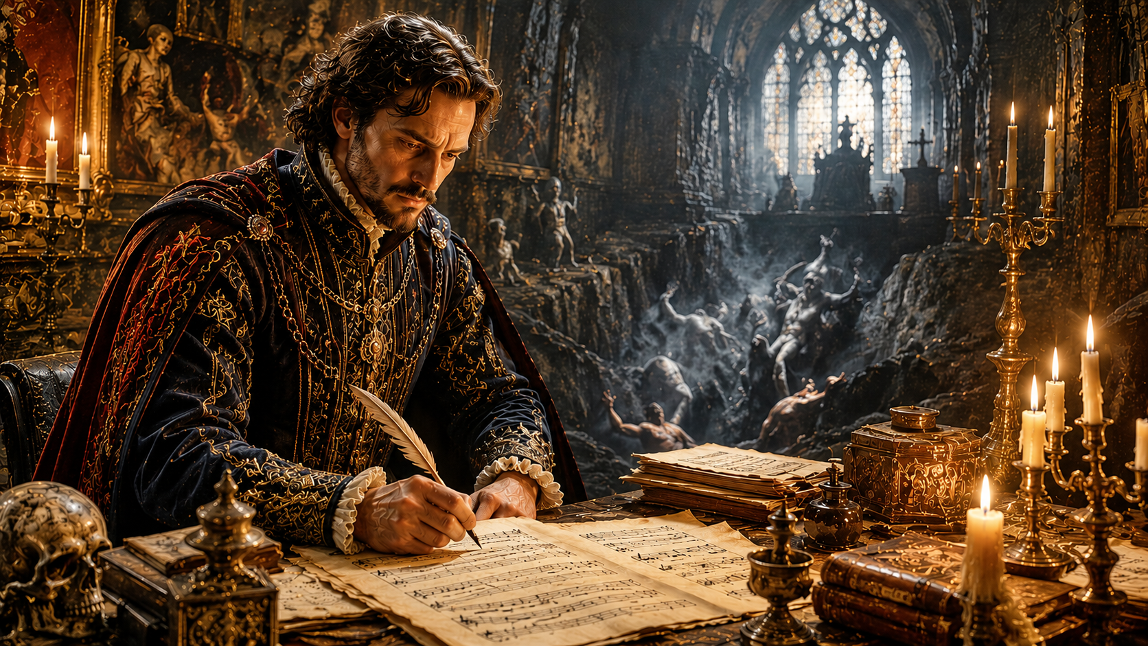 Man in an ornate velvet robe and chains writes with a quill at a candlelit desk in a lavish gothic chamber.