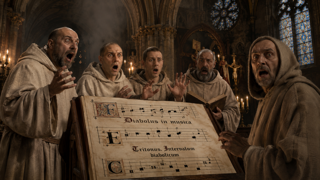 Gruppo di monaci in una cattedrale sconvolti davanti a un leggio con spartito musicale che riporta la scritta Diabolus in musica e Tritonus, Intervalum diabolicum