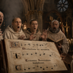 Five robed monks sing in a dim, gothic church around a large lit scorebook reading 'Diabolus in musica' and 'TriTONUS. Inter... diabolicum' on an ornate altar backdrop.