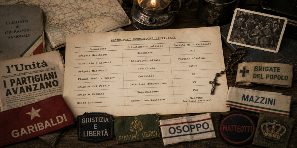 Tabella delle principali formazioni partigiane italiane con orientamento politico e partito di riferimento, affiancata da patch e distintivi di Brigate Garibaldi, Giustizia e Libertà, Fiamme Verdi, Osoppo, Matteotti e Brigate del Popolo