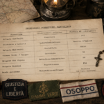 Vintage desk scene with WWII-era partisan patches and a central chart listing Italian resistance groups and loyalties.