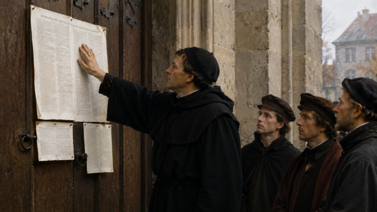 A man in a black monk’s robe points to a large parchment posted on a wooden door, as four others in period clothing look on outside a stone building.
