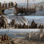 Composite ancient battle scene: naval fleet with soldiers boarding ships, then an army marching with elephants through mountains, and finally a besieged walled city under fire.