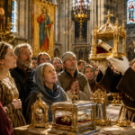 A monk in brown robes lifts a gilded reliquary for a crowd inside a richly decorated church.