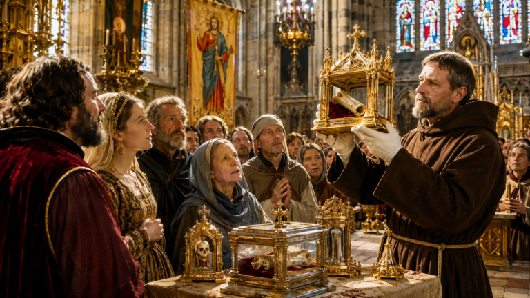 A monk in brown robes lifts a gilded reliquary for a crowd inside a richly decorated church.