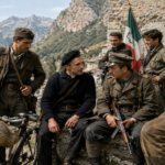 A group of soldiers in vintage uniforms and a woman writing notes by a bicycle in a mountainous village setting, Italian flag in background.
