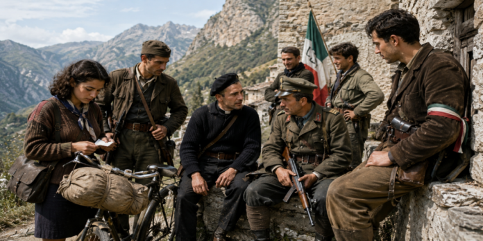 A group of soldiers in vintage uniforms and a woman writing notes by a bicycle in a mountainous village setting, Italian flag in background.