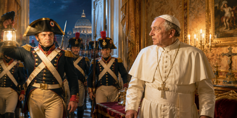 Papal figure in white cassock and cross necklace looks to the side as soldiers in Napoleonic uniforms enter a gilded room with St. Peter's Basilica visible through the doorway.