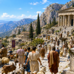 Group of people in ancient robes walk along a sunlit stone terrace toward a columned temple on a mountainside, with goats roaming nearby.