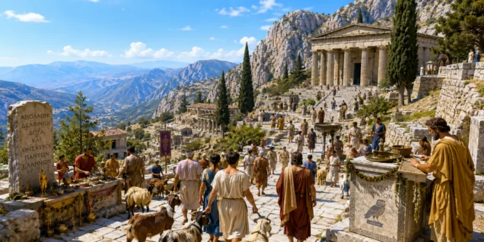 Group of people in ancient robes walk along a sunlit stone terrace toward a columned temple on a mountainside, with goats roaming nearby.