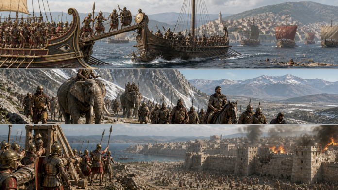 Composite ancient battle scene: naval fleet with soldiers boarding ships, then an army marching with elephants through mountains, and finally a besieged walled city under fire.