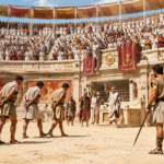 Prigionieri incatenati nell'arena romana davanti ai leoni, scena di condanna ad bestias nel Colosseo