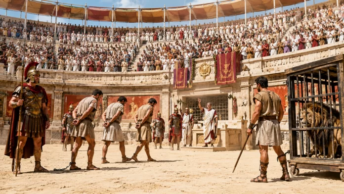 Cristiani in pasto ai leoni. Anatomia di una bufala Prigionieri incatenati nell'arena romana davanti ai leoni, scena di condanna ad bestias nel Colosseo