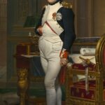 Portrait of a 19th-century military officer in white trousers and dark blue coat with gold epaulettes and medals, standing beside an ornate desk and tall clock in a richly decorated room.