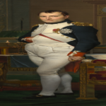 Portrait of Napoleon Bonaparte in a white uniform with gold epaulettes, standing beside a desk in a regal room.