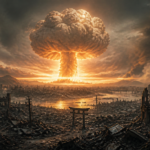 Massive mushroom cloud rises over a ruined city, with a lone torii gate in the foreground amid rubble and firelight.