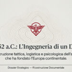 Cover of a dossier titled 'Alesia, 52 a.C.: L’ingegneria di un Dominio' with a red winged emblem and beige wavy lines above text lines.