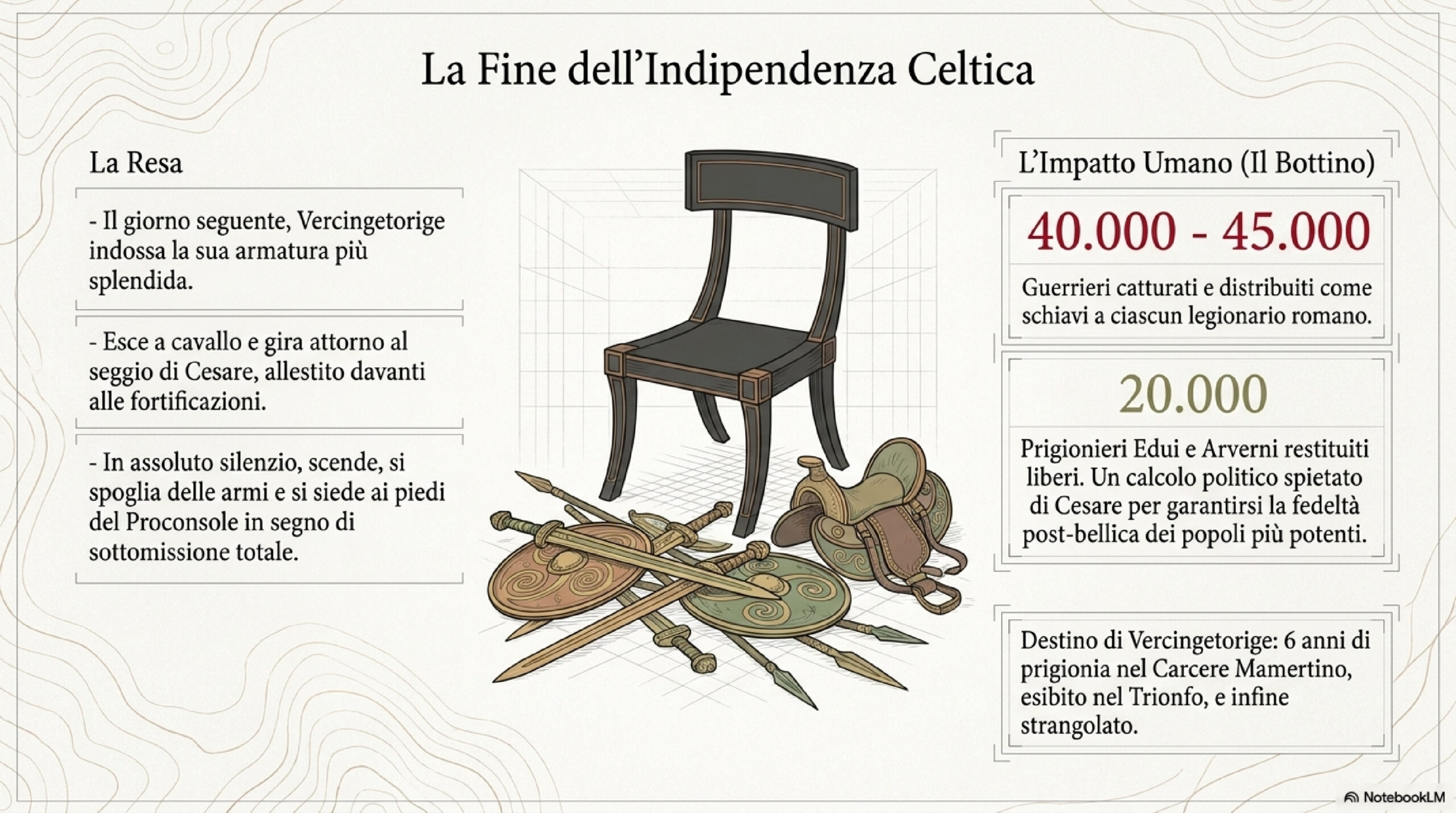 Infographic about the end of Celtic independence, featuring a central chair surrounded by weapons and text panels on surrender and fate of prisoners.