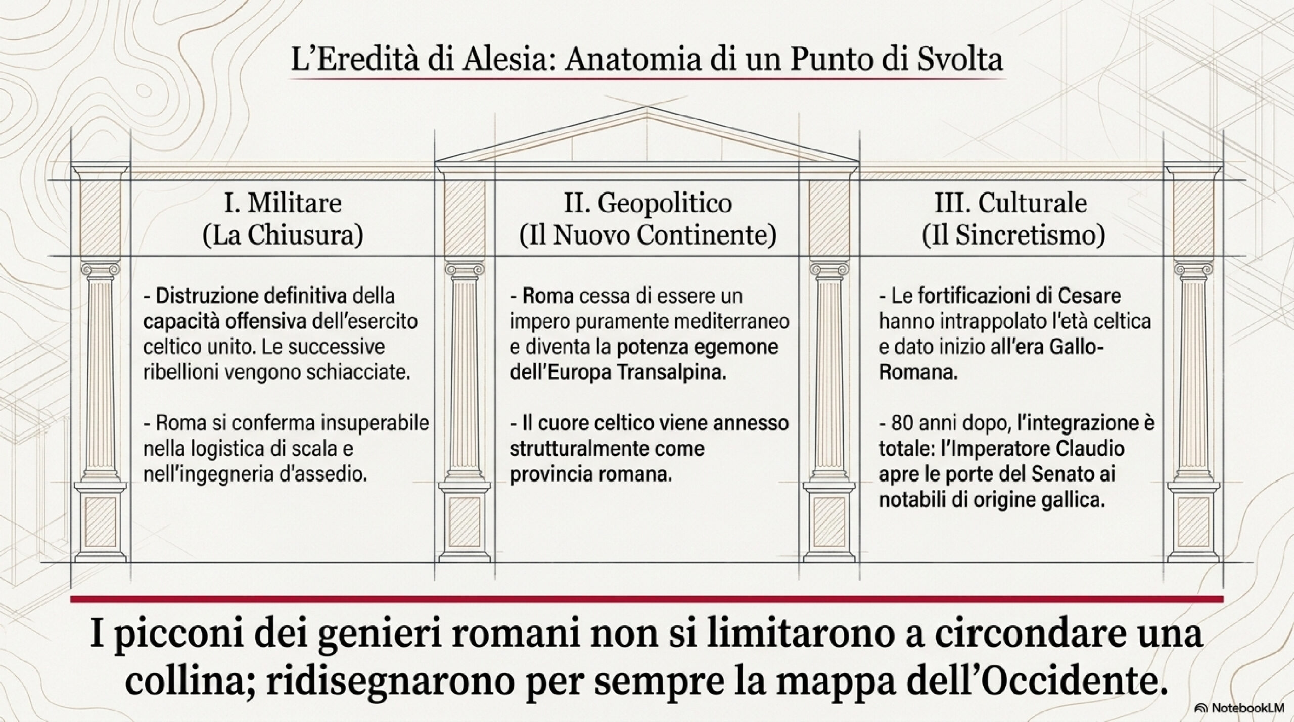 Diagramma storico in tre colonne intitolato L'Eredità di Alesia: Anatomia di un Punto di Svolta, con sezioni Militare, Geopolitico e Culturale e testi descrittivi sotto ciascuna colonna.