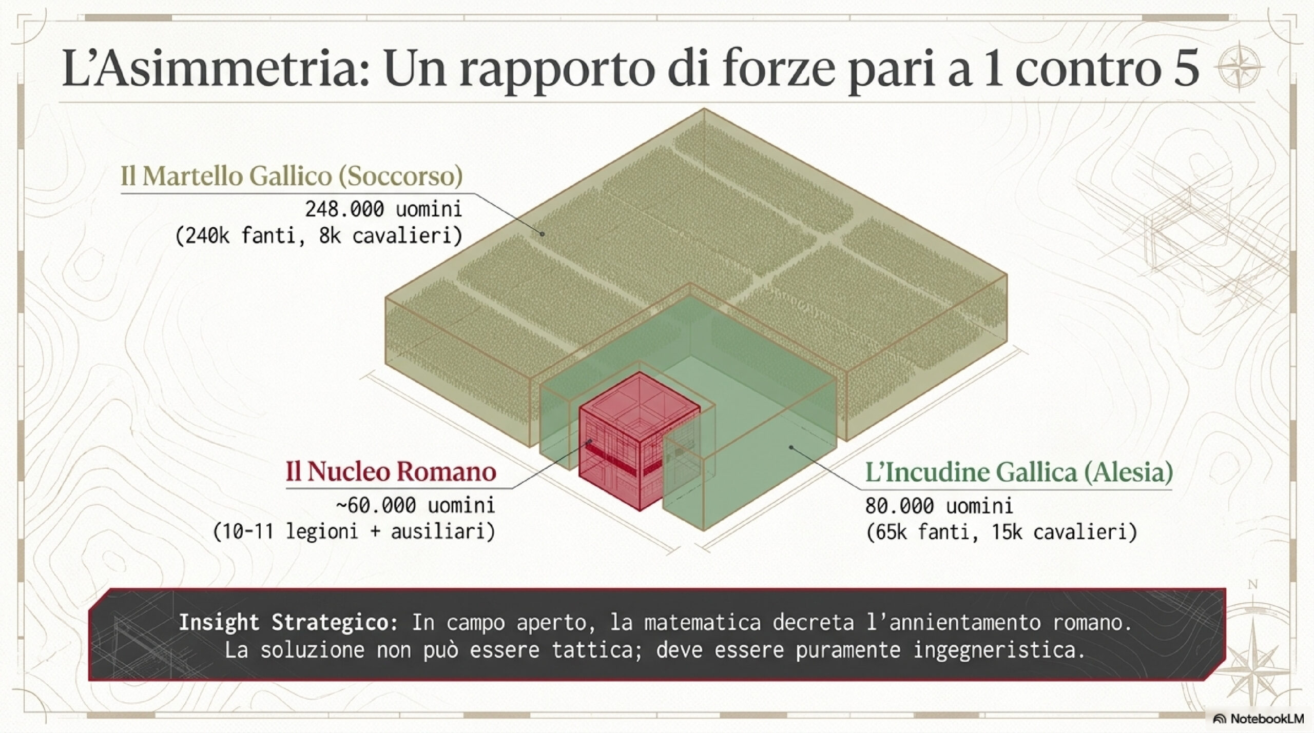 Isometric infographic showing Roman and Gallic forces arranged in a block model with labels Il Martello Gallico, Il Nucleo Romano, and L’Incudine Gallica; headline discusses asymmetry of 1 to 5.